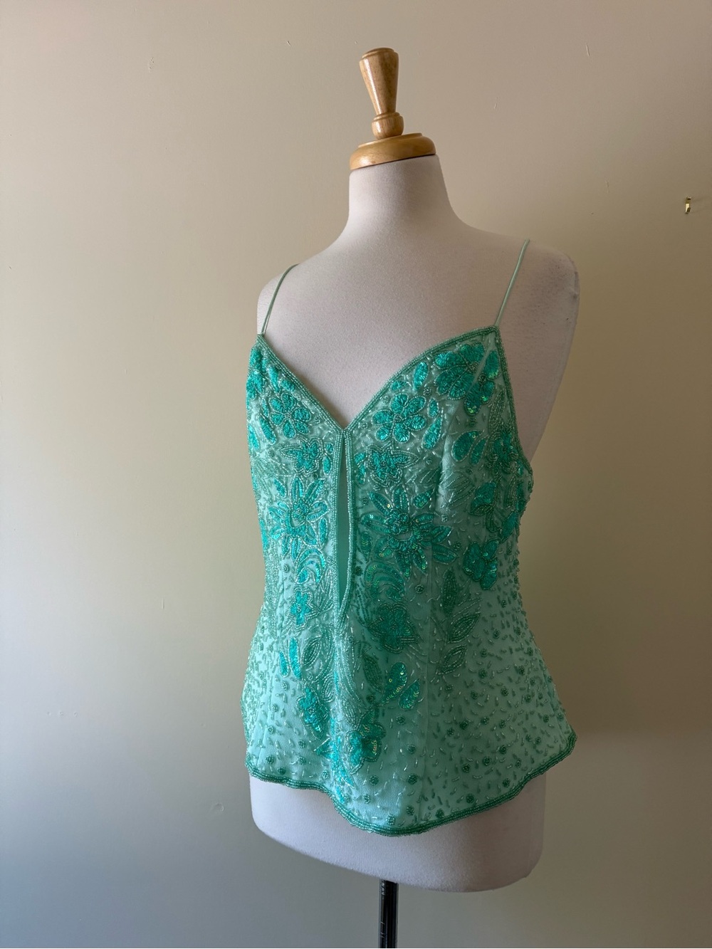 100% Silk Hand Beaded Mint Green Cutout Silk Camisole | NWOT